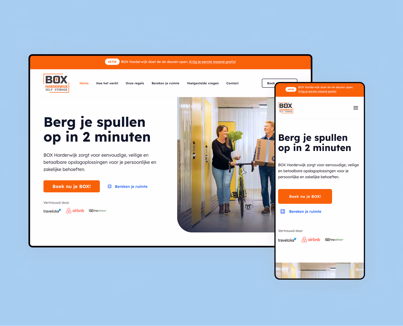 BOX Harderwijk self-storage homepage with its storage offer and a prominent booking action.